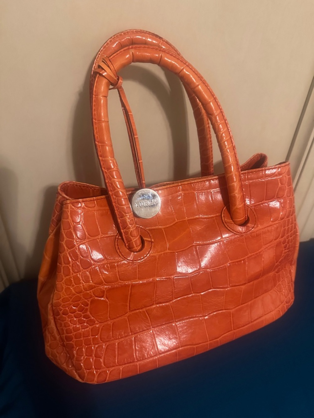 Furla Croc-Embossed Orange Top-Handle Tote